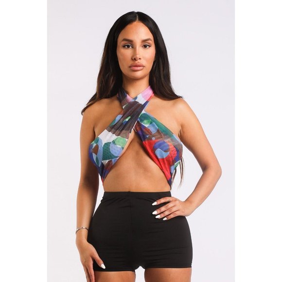 Boutique Tops - Women's Multiway Retro Paisley Printed Crop Halter Wrap Top One Size Cross Neck